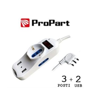 MULTIPRESA 3 PRESE BIPASSO/SCHUKO + USB + INTERRUTTORE PROPART PEM2602-W