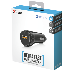 CARICABATTERIA DA AUTO TRUST FAST CHARGING USB-A 3.0 18W BLACK 21819