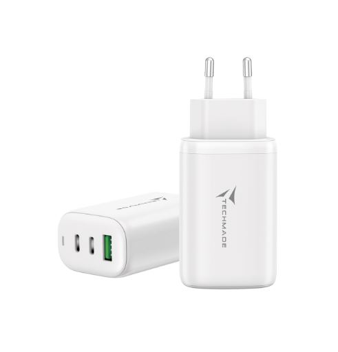 CARICATORE RAPIDO 65W GAN 3 PORTE (2USB-C USB-A) TECHMADE TM-P937-WH
